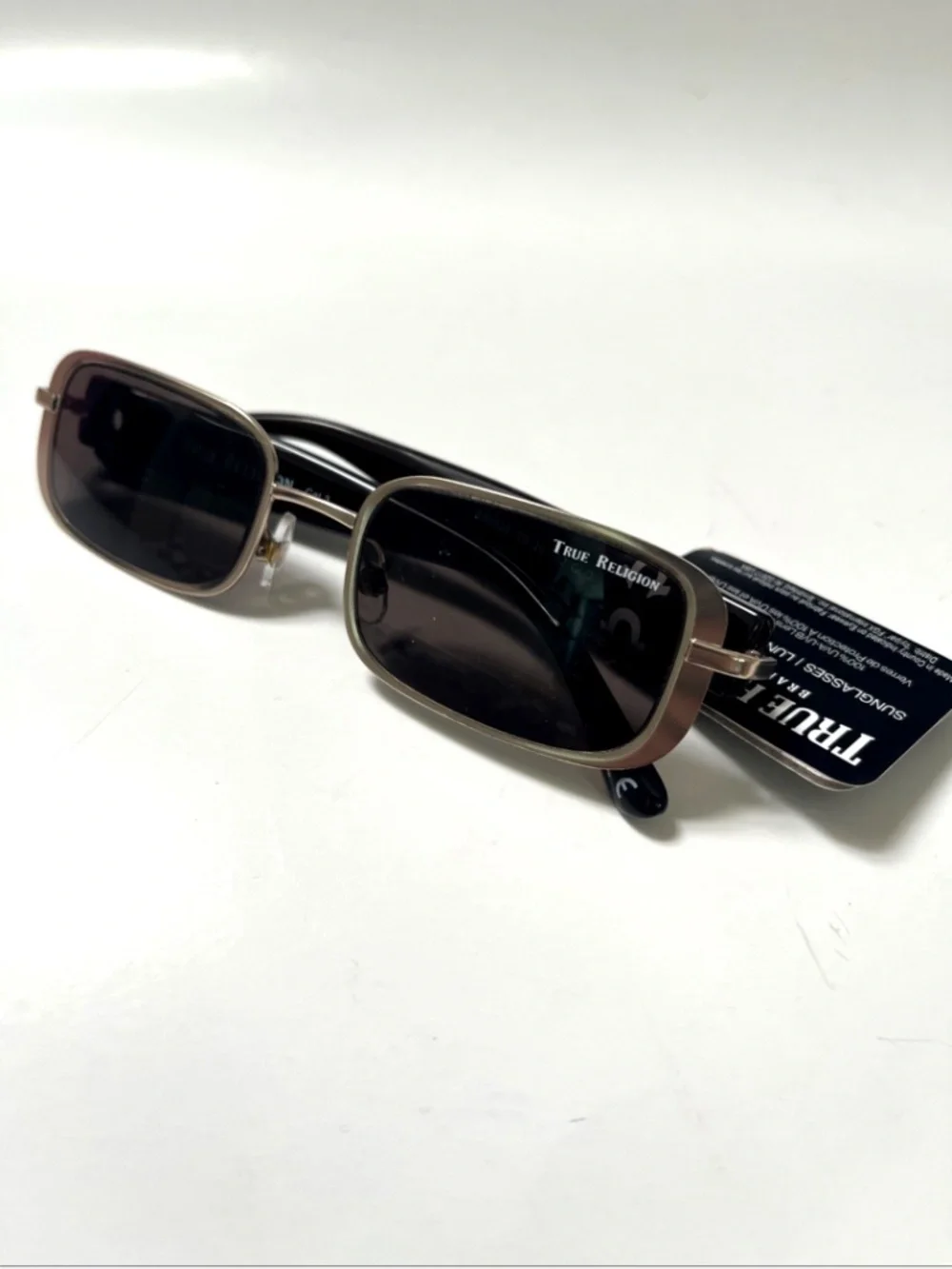 New TRUE RELIGION Slim Matte Gold Sunglasses Rectangle Logo Black Acetate